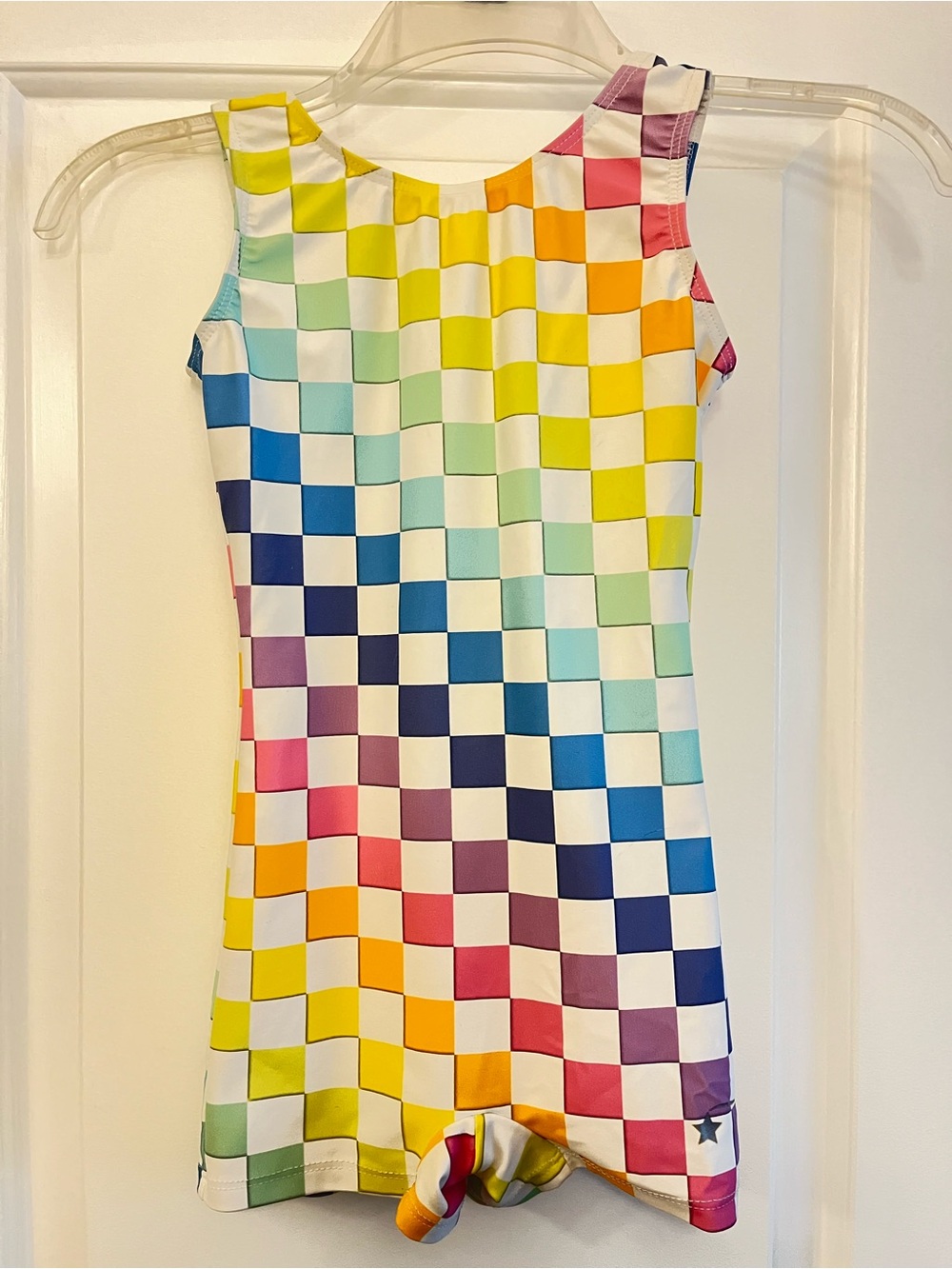 Girls Medium 8-10 Gymnastics Rainbow Colorful Checkered Biketard Leo CM Med